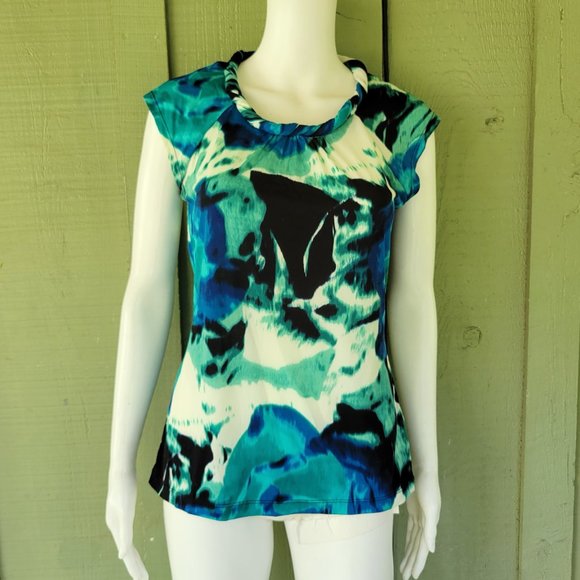 ANNE KLEIN Teal White Rolled Neck Sleeveless Top Medium M - Picture 1 of 4